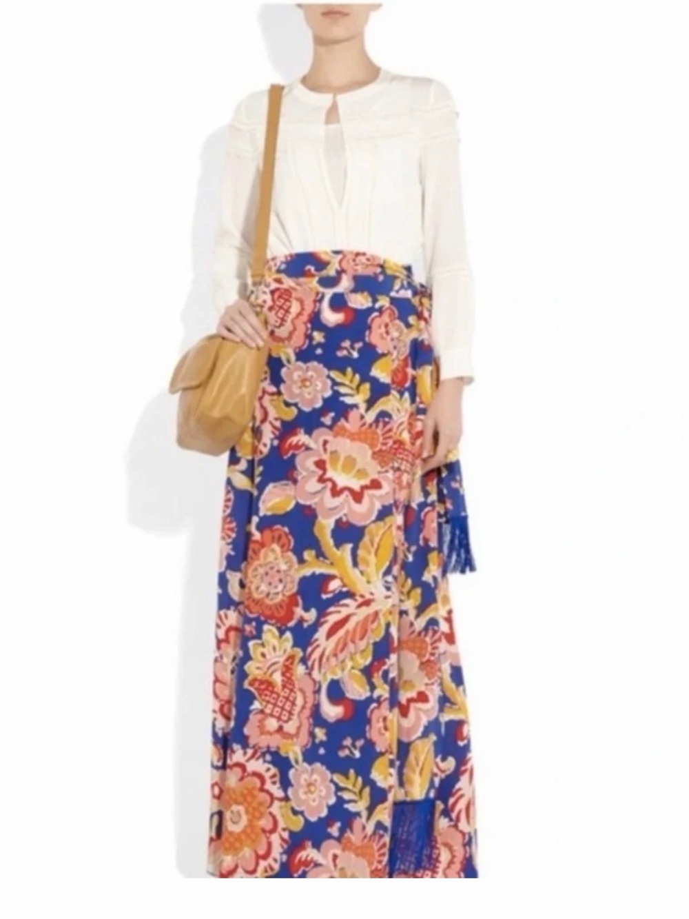 Tory Burch Marcella Silk Floral Maxi Skirt Blue Pink with Fringe Sash - Vibrant